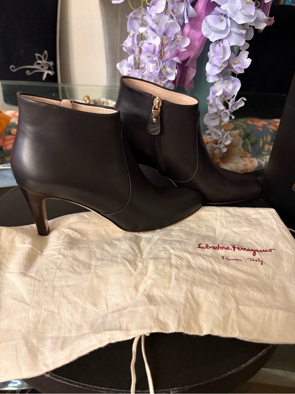 Salvatore Ferragamo Black Leather Ankle Booties with Gold Zip Detail